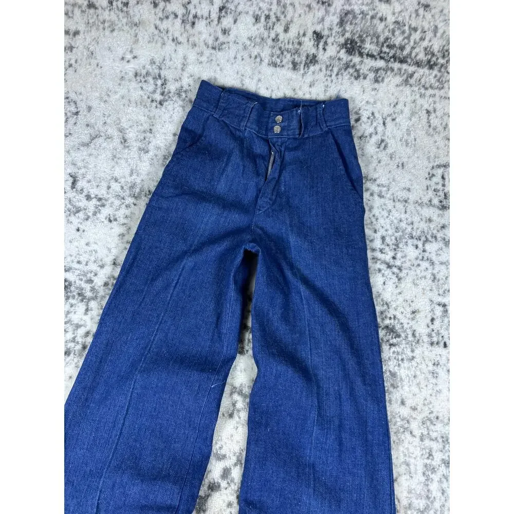 VTG 1970s Blue Denim Flare Disco Pants Size XS Hippy Pants Baggy Wide Leg